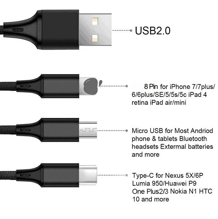 Nylon Braided 3FT 6FT 10FT 3 in 1 USB 3.0 Charger Cable Micro USB 8pin Type C Fast Charging Data Cable for Mobile Phone