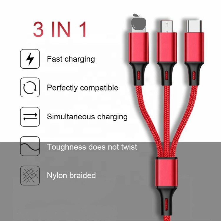 Nylon Braided 3FT 6FT 10FT 3 in 1 USB 3.0 Charger Cable Micro USB 8pin Type C Fast Charging Data Cable for Mobile Phone