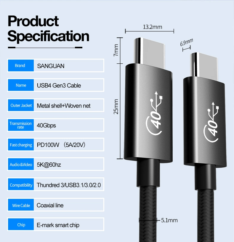 Audio Video 4K Function USB-C 4 Cable for Thunderbolt 4 1m/2m 100W Charging Type C 20V 5A Support Thunderbolt 40gbps