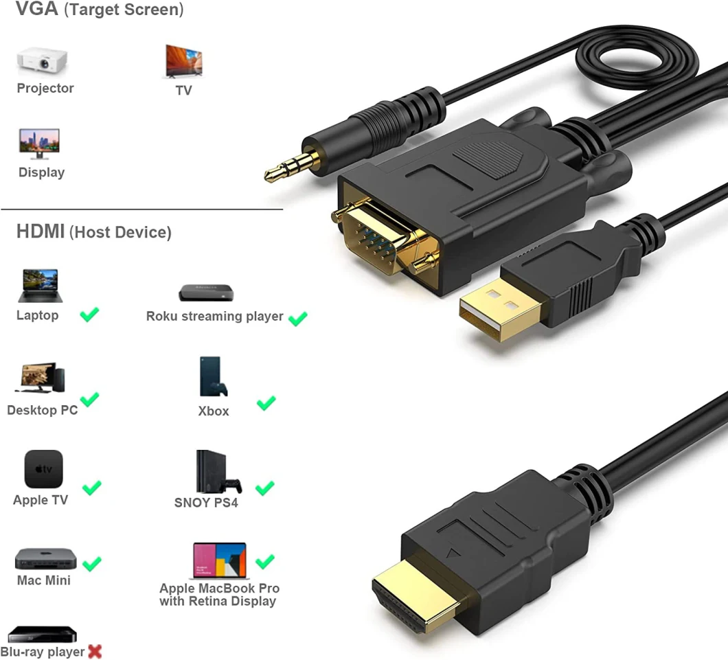 HDTV to VGA Cable for Chromebook Raspberry Pi Roku xBox